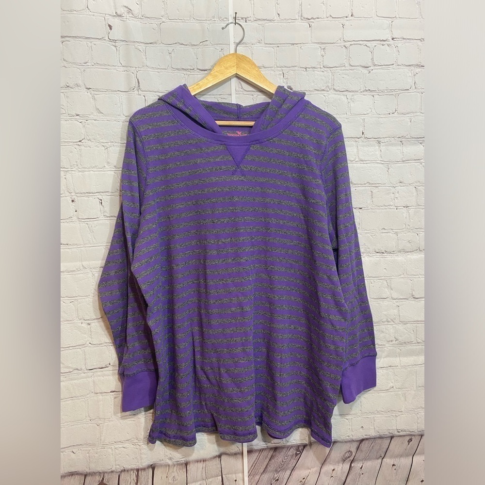 Woman Within Womens Plus Size 1X Purple/Gray Long Sleeve Hooded Pullover Top